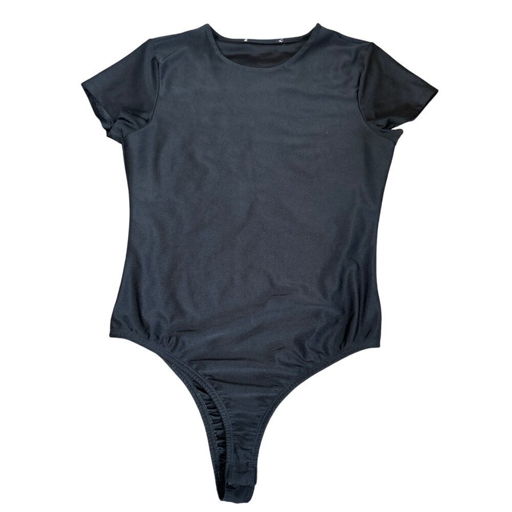 Black body suit spandex cap sleeve stretch crew neck SZ L